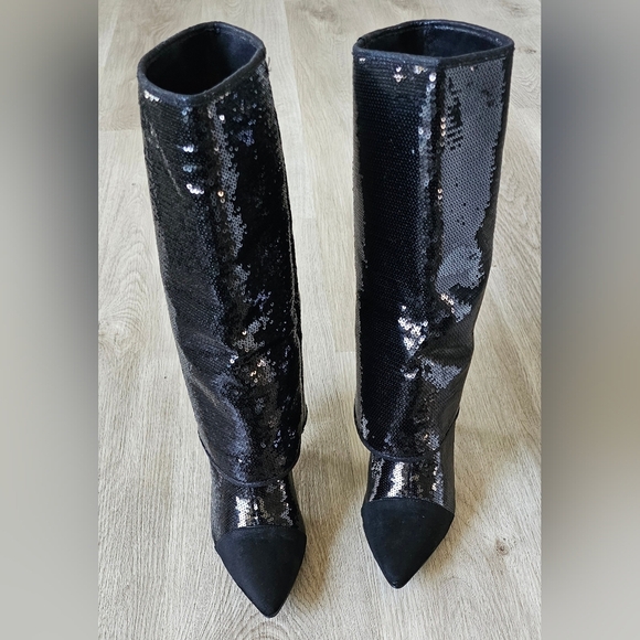 Size 11 Black Sequin Pointed Toe Slouch Boots - Picture 6 of 11